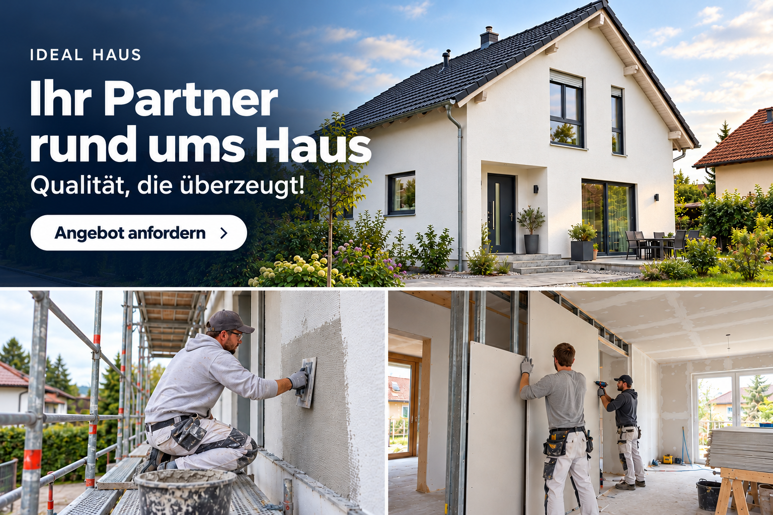IDEAL HAUS – Ihr Partner rund ums Haus. Qualität, die überzeugt! Haus und Handwerksarbeiten als KI-generierte Illustration.