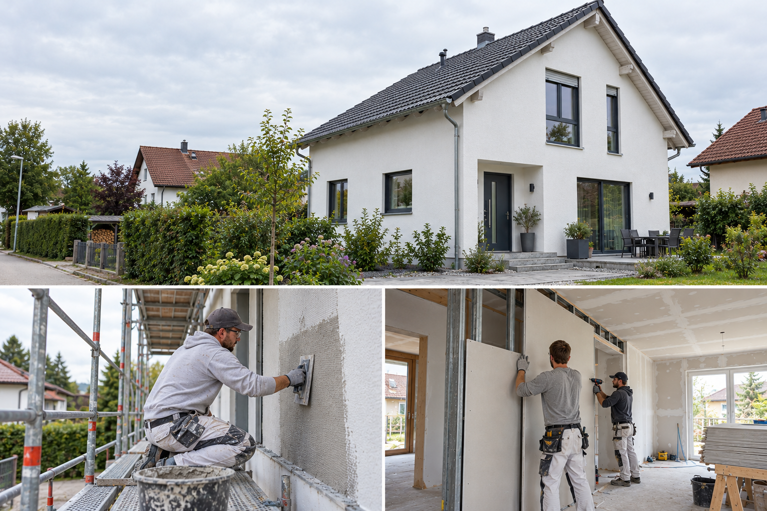 Illustration eines Hauses sowie Arbeiten an Fassade und Innenraum